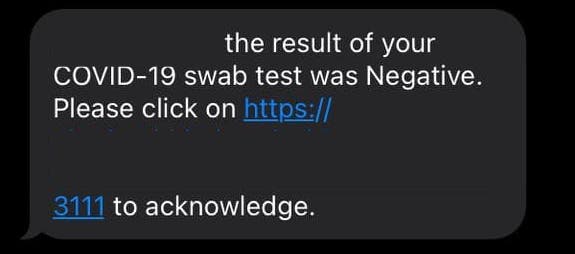 COVID 19 Swab Test SMS Result Negative