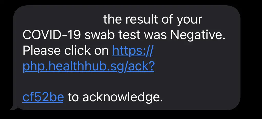 MOH HealthHub Negative Swab Test Result SMS