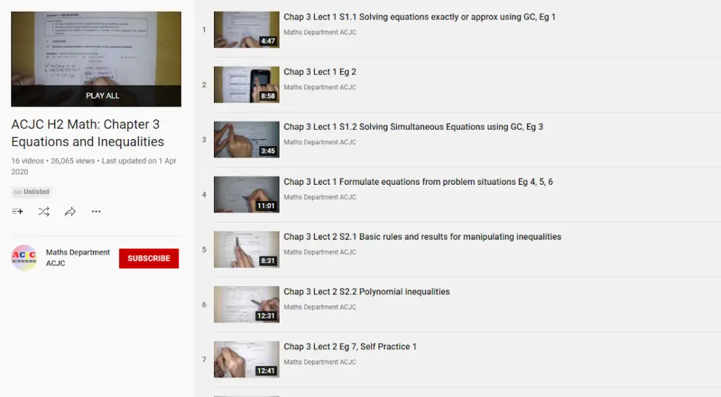 H2 Math Online Lecture Youtube Playlist